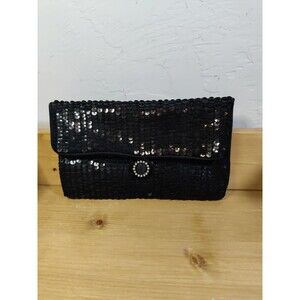 1970's Vintage Norell Black Sequin Clutch Purse ~8x4" Button Elastic Closure